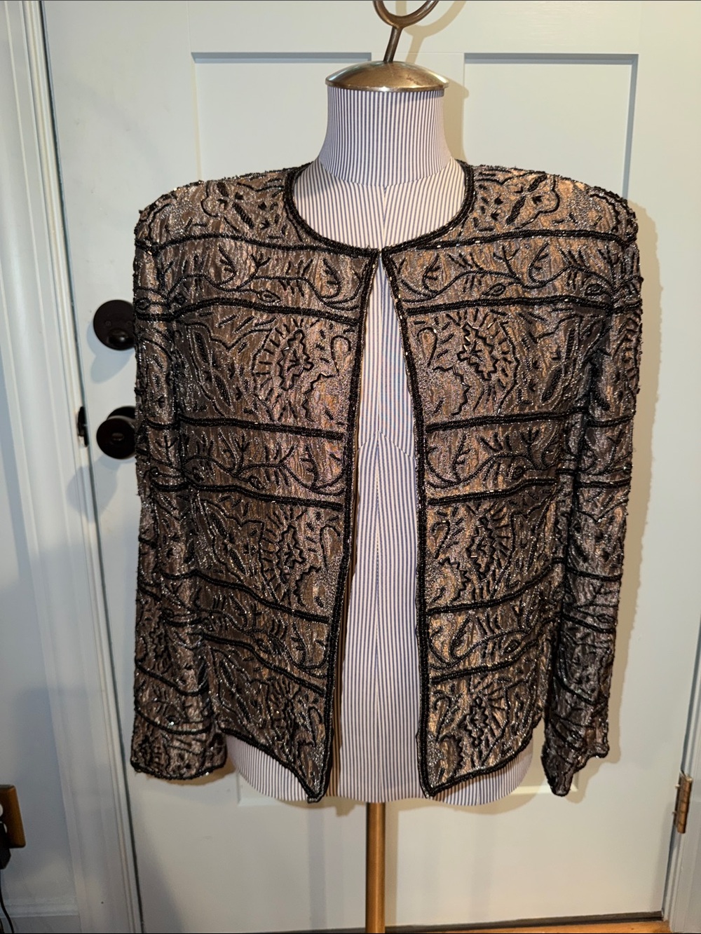 Adrianna Papell Metallic Beaded Open-Front Jacket in Champagne and Black